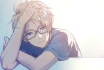  1boy :| arm_rest blonde_hair blue-framed_eyewear blue_shirt closed_mouth commentary_request ensemble_stars! expressionless gin_(oyoyo) glasses gradient_background green_eyes grey_background hand_in_own_hair hand_on_own_head leaning looking_at_viewer male_focus shirt short_hair short_sleeves sidelighting solo t-shirt table upper_body white_background yuuki_makoto_(ensemble_stars!) 