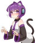  0w0_(artist) 1girl @_@ ahoge animal_ear_fluff animal_ears bare_shoulders black_skirt black_sleeves blush cat_ears cat_tail collared_shirt commentary detached_sleeves headphones highres kemonomimi_mode looking_at_viewer motion_lines necktie paw_pose pout purple_eyes purple_hair purple_necktie purple_trim shirt simple_background skirt solo sweat tail translated utane_uta utau white_background white_shirt 
