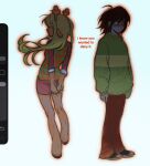  1girl 1other antlers arms_behind_back art_program_in_frame black_shirt black_skirt blonde_hair brown_hair brown_pants commentary deer_antlers deer_girl deltarune english_commentary english_text floating_hair furry furry_female green_sweater highres horns kris_(deltarune) long_hair long_sleeves medium_hair noelle_holiday pants procreate_(medium) red_eyes rinmegus shirt skirt sweater thorn_ring_(deltarune) utdr_(toby_fox) weird_route_(deltarune) wide-eyed 