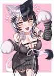  1girl :3 :d animal_ear_fluff animal_ears animal_hands arm_strap arm_warmers belt black_arm_warmers black_belt black_dress black_hair black_thighhighs blair04754 blush breasts cat_ears cat_girl cat_tail chest_belt cleavage commentary cowboy_shot dress fang gloves grey_hair hair_intakes hair_ornament highres hololive hololive_english kemonomimi_mode large_breasts long_hair looking_at_viewer multicolored_hair notice_lines open_mouth outside_border paw_gloves pink_background shiori_novella shiori_novella_(1st_costume) skin_fang sleeveless sleeveless_dress smile solo split-color_hair standing striped_arm_warmers striped_clothes striped_thighhighs tail thighhighs twitter_username two-tone_hair virtual_youtuber yellow_eyes 