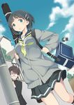  1girl bag black_hair blue_eyes blush cardigan cloud day glasses hiding highres holding itoichi. kirigaya_suguha nagata_shin'ichi opaque_glasses peeking_out school_bag school_uniform serafuku short_hair skirt sky sword_art_online walking weapon_bag 