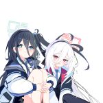  2girls absurdres aris_(blue_archive) black_hair black_hairband black_skirt blue_archive blue_eyes blue_necktie blush bright_pupils commentary double-parted_bangs flying_sweatdrops green_halo hair_between_eyes hairband half_updo halo highres jacket kei_(blue_archive) kei_(student)_(blue_archive) long_hair long_hair_between_eyes long_sleeves looking_at_viewer loosely_tucked_bangs multicolored_jacket multiple_girls necktie one_side_up pink_eyes pink_halo pleated_skirt qri rectangular_halo ringed_eyes shirt siblings simple_background sisters skirt thighhighs twins two-tone_jacket white_background white_hair white_jacket white_pupils white_shirt 