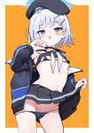  1girl absurdres alternate_costume beret bikini black_hat black_jacket black_nails black_sailor_collar black_skirt blue_archive blue_eyes blue_hair blue_halo breasts clothes_lift halo hat highres jacket lifting_own_clothes looking_at_viewer medium_hair open_clothes open_jacket open_mouth orange_background pleated_skirt sailor_collar skirt skirt_lift small_breasts smile solo standing sumika_(blue_archive) swimsuit teranekosu 
