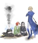  4boys 963_error black_cloak blue_coat cloak coat commentary_request esse_series gloom_(expression) griffin_stewart high_heels holding holding_riding_crop hood hood_up hooded_cloak in_trouble_template_(meme) kobayashi_luca kuchinashi_dabi lapels male_focus meme multiple_boys punishment riding_crop seiza shaded_face sitting smoke standing through_ground tonimura_yui top-down_bottom-up 