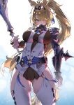  1girl animal_ears blonde_hair blue_eyes blue_necktie blush breasts bridal_gauntlets clothing_cutout commentary_request cowboy_shot hair_over_one_eye hairband highres holding holding_polearm holding_weapon horse_ears horse_girl horse_tail large_breasts long_hair metal_hairband necktie pants polearm ponytail sigrid_de_l'azur single_bridal_gauntlet solo tail thigh_cutout tora_(kumo_sakamoto) weapon white_pants zenless_zone_zero 