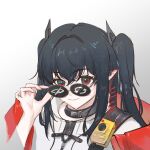  1girl absurdres adjusting_eyewear arknights arrow_(symbol) black_eyes black_hair chinese_commentary closed_mouth closure_(arknights) commentary_request gradient_background grey_background hair_between_eyes highres long_hair looking_at_viewer multicolored_eyes pointy_ears red_eyes round_eyewear secretary_settings_(arknights) shirt smile solo two-tone_eyes user_dfxd2238 white_background white_shirt 