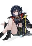  1girl absurdres ankle_boots arknights black_boots black_choker black_hair black_jacket black_shirt black_shorts boots choker closure_(act_iii)_(arknights) closure_(arknights) commentary company_logo crop_top cube_hair_ornament foot_out_of_frame github goggles goggles_around_neck hair_between_eyes hair_ornament high_heel_boots high_heels highres jacket long_sleeves looking_at_viewer meihina navel one_side_up open_clothes open_jacket pointy_ears puckered_lips red_eyes shirt short_hair shorts sitting solo tied_shirt white_background 
