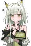 1girl ? absurdres animal_ear_fluff animal_ears arknights arm_under_breasts bare_shoulders blush breasts cat_ears cat_girl closed_mouth collarbone commentary_request dress green_dress green_eyes grey_dress grey_hair hand_on_own_chin highres kal'tsit_(arknights) looking_at_viewer material_growth medium_breasts oripathy_lesion_(arknights) short_hair_with_long_locks simple_background solo star_of_life twitter_username upper_body watch white_background worimiru wristwatch 