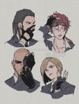  1girl 3boys adjusting_clothes adjusting_gloves bald black_gloves black_hair black_jacket black_necktie collared_shirt commentary cropped_torso earrings elena_(ff7) english_commentary facial_hair final_fantasy final_fantasy_vii final_fantasy_vii_rebirth final_fantasy_vii_remake fingerless_gloves gloves grey_background hair_slicked_back hand_on_own_head jacket jewelry long_hair looking_at_viewer looking_to_the_side multiple_boys necktie red_hair reno_(ff7) rude_(ff7) sharp_na_ago shirt short_hair simple_background suit_jacket sunglasses tseng turks_(ff7) twitter_username upper_body white_shirt 