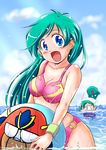  2girls 70s ball beachball bikini blue_eyes blush breasts chibi cloud combattler_v combattler_v_(robot) green_hair long_hair looking_at_viewer marimon_m multiple_girls nanbara_chizuru o-ring_bottom o_o ocean oldschool open_mouth qi sky smile sunrise_(company) swimming swimsuit touei wet 