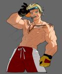  1boy abs absurdres arm_up biceps black_gloves blonde_hair blue_eyes chest_tattoo clenched_hand cropped_legs drawstring gloves grey_background groin highres lifeguard looking_at_viewer luke_sullivan luke_sullivan_(sf6_outfit_4) male_focus male_swimwear multicolored_male_swimwear muscular muscular_male navel nipples official_alternate_costume pectorals red_male_swimwear sach56000 shoulder_tattoo simple_background solo star_(symbol) street_fighter street_fighter_6 sunglasses swim_trunks tanlines tattoo topless_male two-sided_gloves visor_cap whistle whistle_in_mouth white_male_swimwear yellow_gloves 