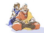  1boy 1girl aang absurdres arrow_(symbol) arrow_tattoo avatar_aang:_the_last_airbender avatar_legends bald blue_eyes blue_tattoo braid braided_ponytail brown_hair cheek_pull clenched_teeth commentary couple dark-skinned_female dark_skin english_commentary grey_eyes hair_rings head_tattoo highres katara lotus_position medallion meditation minniglich one_eye_closed own_hands_together sitting smile tattoo teeth 