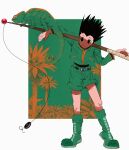  1boy belt black_eyes black_hair boots chameleon commentary fish_hook fishing_line fishing_rod gon_freecss green_boots green_shirt green_shorts highres holding holding_fishing_rod hunter_x_hunter long_sleeves medium_hair shirt shorts skpn_skrzk tree untranslatable_commentary 