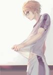  1boy blonde_hair clothes_lift clothes_pull commentary_request cowboy_shot dripping ensemble_stars! from_side gin_(oyoyo) glasses green_eyes gym_uniform indoors lifting_own_clothes looking_down male_focus parted_lips profile see-through_clothes shirt shirt_lift shirt_pull short_hair short_sleeves shorts solo standing sweat sweatdrop t-shirt toned toned_male white_shirt white_shorts yuuki_makoto_(ensemble_stars!) 