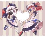  2girls apron asymmetrical_footwear black_bow black_dress black_shoes blue_eyes blue_shoes bow brown_hair button_eyes buttons closed_mouth colored_skin commentary_request dress gloves heart_arms heart_arms_duo kitrow korean_commentary maid maid_headdress mismatched_footwear multicolored_eyes multiple_girls official_alternate_costume one_eye_closed open_mouth pomni_(the_amazing_digital_circus) ragatha_(the_amazing_digital_circus) red_eyes red_hair red_shoes shoes short_hair smile striped_background the_amazing_digital_circus two-tone_eyes vertical-striped_background white_apron white_gloves white_skin white_wrist_cuffs wrist_cuffs 