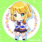  1girl arm_warmers black_dress black_shoes blonde_hair blue_flower blush chibi closed_mouth commentary_request doily dress flower full_body green_background green_eyes kou_hiyoyo mizuhashi_parsee pink_flower pointy_ears ponytail purple_flower shoes short_sleeves smile socks solo standing star_(symbol) touhou twitter_username white_flower white_socks yellow_flower 