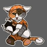  ashpd bandanna brown_fur cat clothing feline fur green_eyes grey_background grey_fur mammal octobertiger orange_fur orange_shirt orange_shorts paws plain_background portal portal_(series) portal_gun ringed_tail sad sulking valve white_fur 