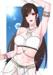  1girl arm_up armlet armpits belly_chain bikini black_hair blue_sky border bow bracelet breasts brown_hair choker collarbone cowboy_shot earrings final_fantasy final_fantasy_vii final_fantasy_vii:_ever_crisis hair_bow highres jewelry large_breasts light_blush long_hair looking_at_viewer lux_spei navel necklace official_alternate_costume open_mouth outside_border red_eyes sarong see-through_cleavage see-through_clothes see-through_sarong sky solo stomach sun swept_bangs swimsuit tifa_lockhart tifa_lockhart_(passion_mermaid) white_bikini white_border white_bow white_choker 