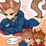  2boys animal_ear_fluff animal_ears animification antenna_hair aroused_nosebleed artist_name bandage_on_cheek blood blue_hoodie blush brown_hair cat_boy cat_ears cat_tail ccai25 chinese_commentary collar commentary_request drawstring eddsworld english_text extra_ears flipped_hair flying_sweatdrops grey_eyes hair_behind_ear hair_ears hand_on_another's_shoulder hollow_eyes hood hood_down hoodie implied_yaoi jitome kemonomimi_mode licking_lips long_sleeves male_focus multiple_boys name_tag nosebleed open_mouth pants paw_pose pervert red_hoodie shaking short_hair smile speech_bubble spiked_hair sweat tail thick_lineart thought_bubble tom_(eddsworld) tongue tongue_out tord_(eddsworld) 
