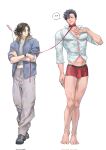  2boys 5454_pnl black_hair black_shoes blonde_hair blue_jacket boxer_briefs bulge collarbone commentary_request corrupted_twitter_file couple dress_shirt full_body grey_pants haikyuu!! hair_bun hand_on_own_chest height_difference highres holding holding_leash hood hood_down hooded_jacket jacket korean_commentary kozume_kenma kuroo_tetsurou leash looking_at_another male_focus male_underwear multicolored_hair multiple_boys muscular muscular_male navel pants pectorals red_male_underwear shirt shoes single_hair_bun speech_bubble standing teeth tight_clothes tight_shirt two-tone_hair underwear white_shirt yaoi 