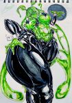 1girl ? antennae arthropod_girl black_hiphighs black_sclera breasts colored_sclera curvy extra_arms green_eyes green_hair hair_between_eyes highres hiphighs indie_virtual_youtuber insect_wings juniper_actias large_breasts long_hair looking_at_viewer monster_girl moth_antennae moth_girl nt2sh pasties reverse_bunnysuit reverse_outfit slime_girl slime_hair solo thick_thighs thighs traditional_media virtual_youtuber white_wrist_cuffs wide_hips wings wrist_cuffs 