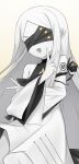  1girl :d bandages bandages_over_eyes bare_shoulders black_bandages black_sleeves blue_archive body_markings commentary covered_eyes crossed_arms curtained_hair detached_sleeves double_v dress facing_viewer gradient_background hands_up highres long_hair long_sleeves medium_dress ohr_(blue_archive) open_mouth parted_bangs single_bare_shoulder smile solo straight_hair two-tone_sleeves v v-shaped_eyebrows white_background white_dress white_hair white_sleeves wide_sleeves wrightia yellow_background 