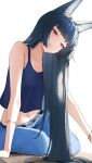  1girl alternate_costume animal_ear_fluff animal_ears bare_legs bare_shoulders black_hair blue_pants blue_tank_top blunt_bangs blunt_sidelocks commentary fox_ears fox_girl hair_hanging_down hair_over_shoulder highres hoshimi_miyabi long_hair nasol navel pants red_eyes sidelocks solo tank_top very_long_hair zenless_zone_zero 