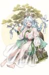  1girl =_= animal_on_head barefoot bird bird_nest bird_on_head blush bow bra braid breasts cleavage closed_eyes commentary_request dress flower goddess_of_victory:_nikke green_bow hanbok highres huge_breasts korean_clothes korean_commentary leaf leaf_on_head long_hair low_twin_braids nest nest_on_head on_head open_mouth panties see-through_clothes sitting smile solo teeth trhisell trina_(natural_white)_(nikke) trina_(nikke) twin_braids underwear upper_teeth_only very_long_hair white_bra white_panties 
