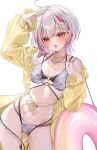  1girl ahoge asumi_sena asumi_sena_(vspo!_summer_2024) bikini blush braid braided_bangs breasts center-flap_bangs chain chain_necklace chestnut_mouth cleavage collarbone commentary cowboy_shot earrings extra_tails floral_print floral_print_bikini frilled_jacket frills grey_bikini grey_hair heart heart_o-ring highres holding holding_swim_ring innertube jacket jewelry layered_bikini looking_at_viewer multi-strapped_bikini_bottom multi-strapped_bikini_top multicolored_hair navel necklace o-ring o-ring_bikini official_alternate_costume ohagetty open_mouth pink_eyes pink_hair print_bikini see-through_clothes short_hair sideless_swimsuit simple_background small_breasts solo stomach streaked_hair string_bikini swim_ring swimsuit tail tail_wrap triangle_bikini_top untranslatable_commentary virtual_youtuber vspo! white_background yellow_jacket 
