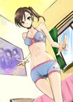  bare_shoulders bed bedroom blush body_blush bra brown_eyes brown_hair cameltoe curtains double_v dutch_angle from_below futami_mami idolmaster idolmaster_(classic) indoors light_smile midriff navel panties poster_(object) short_hair side_ponytail thigh_gap underwear underwear_only v wasavips window 