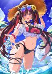  1girl alternate_costume alternate_hairstyle azki_(hololive) beach bikini black_bikini black_choker black_hair blue-tinted_eyewear blue_sky blush bracelet breasts brown_hat choker cleavage cloud cloudy_sky colored_inner_hair commentary day eyewear_on_head feet_out_of_frame flower gradient-tinted_eyewear hair_flower hair_intakes hair_ornament hand_on_headwear hat highres hololive jewelry large_breasts lens_flare long_hair looking_at_viewer mole mole_under_eye multi-strapped_bikini_bottom multicolored_bikini multicolored_hair navel ocean off-shoulder_shirt off_shoulder open_mouth outdoors pink_bikini pink_hair pink_streaks purple-tinted_eyewear purple_eyes reaching reaching_towards_viewer shara_(syara_so_ju) shirt sky smile solo splashing standing stomach straw_hat streaked_hair sunflower sunglasses swimsuit teeth thigh_strap tied_shirt tinted_eyewear twintails two-tone_bikini upper_teeth_only virtual_youtuber wading water_drop white_hair white_shirt white_streaks 