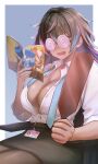  1girl absurdres alia_(mega_man) black_hair black_skirt blue_streaks blush border breasts buttons cleavage coke-bottle_glasses commentary dark-skinned_female dark_skin dreadpunk drooling dynamo_(mega_man) english_commentary glasses hair_between_eyes highres holding holding_manga id_card indie_virtual_youtuber large_breasts long_hair manga_(object) mega_man_(series) mega_man_x_(series) mouth_drool multicolored_hair neon_harper office_lady open_mouth outside_border pantyhose partially_unbuttoned pink_streaks reading shirt signas_(mega_man) sitting skirt solo streaked_hair virtual_youtuber white_border white_shirt x_(mega_man) zero_(mega_man) 