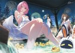  3girls aerial_fireworks animal_ears bangboo_(zenless_zone_zero) black_hair breasts brown_hair commentary_request eous_(zenless_zone_zero) fireworks fox_ears fox_girl highres hoshimi_miyabi ikusaneko large_breasts long_hair looking_at_viewer medium_hair multiple_girls naked_towel night onsen pink_hair pointy_ears red_eyes remielle_dan rubber_duck tailless_(zenless_zone_zero) towel tree very_long_hair water white_wings wings ye_shunguang zenless_zone_zero 