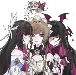  3girls ? ?? alternate_costume animalization bare_shoulders bat_(animal) bat_wings bird black_bow black_bowtie black_collar black_gloves black_hair black_veil blue_eyes bonnet bow bowtie brown_hair cat closed_eyes collar collarbone colored_inner_hair columbina_(big_bad_vampire)_(genshin_impact) columbina_(genshin_impact) commentary detached_collar detached_sleeves dove dress dual_persona elbow_gloves eye_mask genshin_impact gloves hair_flaps hair_ornament hair_tubes head_wings heart highres interlocked_fingers long_hair long_sidelocks long_sleeves mask multicolored_hair multiple_girls multiple_wings official_alternate_costume parted_lips purple_hair purple_streaks purple_wings roymsygxelaxpgk sandrone_(genshin_impact) see-through_clothes see-through_mask short_hair_with_long_locks sidelocks simple_background smile streaked_hair two-tone_hair upper_body veil very_long_hair white_background white_bonnet white_dress white_gloves white_mask white_wings wing_hair_ornament wings yuri 