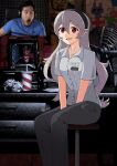  absurdres bakaretsu black_headband black_pants chair collared_shirt female_corrin_(fire_emblem) fire_emblem fire_emblem_fates five_nights_at_freddy's five_nights_at_freddy's_1 foxy_(fnaf) game_screenshot_inset grey_hair grey_shirt headband highres long_hair looking_at_viewer markiplier meme on_chair open_mouth pants real_life red_eyes screenshot_inset shirt short_sleeves 