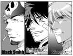  3boys bad_id bandaid bandaid_on_cheek bandaid_on_face bandana blacksmith_(ragnarok_online) cigarette closed_mouth commentary_request expressionless facial_hair goatee greyscale grin high_priest_(ragnarok_online) hunter_(ragnarok_online) kawamoto_yuutarou male_focus monochrome multiple_boys portrait ragnarok_online short_hair skull_print smile 