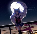  1girl :3 animal_ear_fluff animal_ears arms_behind_back back_bow bare_shoulders black_corset black_thighhighs blue_choker blue_eyes blue_hair bow breasts choker cleavage cleavage_cutout closed_mouth clothing_cutout collarbone commentary corset cowboy_shot detached_sleeves double-parted_bangs dress dutch_angle english_commentary fluffy_tail frilled_choker frills full_moon furry furry_female hair_between_eyes highres indie_virtual_youtuber lips looking_at_viewer medium_breasts meroo_art meteor_shower moon mountainous_horizon multicolored_hair night outdoors over-kneehighs pale_skin petticoat pink_bow puffy_detached_sleeves puffy_sleeves railing short_dress short_hair sky sleeveless sleeveless_dress smile solo standing star_(sky) starry_sky straight-on streaked_hair tail thigh_gap thighhighs twitter_username two-tone_hair very_long_tail virtual_youtuber watermark white_sleeves white_streaks white_tail wolf_ears wolf_girl wolf_tail wolfychu 