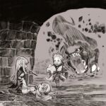  1boy 2girls :d animal bag belt blood blood_from_mouth blurry blurry_background boots bracelet brick_wall cape cloak closed_eyes coat commentary_request debris fantasy flask from_side full_body gloves grey_background highres holding holding_animal holding_flask holding_staff jewelry jun_(navigavi) knee_up long_hair long_sleeves looking_at_another lying monochrome monster multiple_girls on_back open_mouth original pants parted_lips pointy_ears running short_hair shoulder_bag sidelocks smile staff sword sword_on_back very_short_hair weapon weapon_on_back 