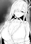  1girl absurdres asuna_(blue_archive) asuna_(school_uniform)_(blue_archive) blue_archive blush breasts choker cleavage collarbone collared_shirt commentary_request greyscale hair_over_one_eye halo highres kanna_(minamozuki) large_breasts long_hair looking_at_viewer mole mole_on_breast monochrome one_eye_covered parted_lips partially_unbuttoned shirt solo steam sweat very_long_hair 
