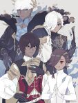  4boys aopix_001 arjuna_(fate) arjuna_(fate)_(cosplay) arjuna_(second_ascension)_(fate) ascalaphus_(fate) ascalaphus_(fate)_(cosplay) ascalaphus_acheron_(fate) ascalaphus_acheron_(fate)_(cosplay) black_cloak black_coat black_eyes black_gloves blue_eyeliner blue_eyes bow bowtie brown_hair capelet cloak closed_mouth coat collared_shirt commentary_request cosplay costume_switch dark-skinned_male dark_skin earrings eyeliner facial_mark fate/grand_order fate_(series) father_and_child father_and_son gloves grey_background hair_between_eyes hair_over_one_eye hand_on_own_chest hand_up hands_up high_collar highres indra_(fate) indra_(fate)_(cosplay) jewelry lightning_bolt_facial_mark lightning_bolt_symbol long_sleeves looking_at_another makeup male_focus medium_hair multiple_boys mystical_high_collar open_mouth own_hands_together parent_and_child puffy_long_sleeves puffy_sleeves red_eyeliner red_eyes red_vest shirt short_hair side_capelet signature simple_background single_sidelock smile vest white_capelet white_coat white_gloves white_hair white_shirt yellow_bow yellow_bowtie 