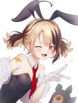  1girl :3 ahoge alternate_costume animal_ear_hairband animal_ears bandaid bandaid_on_shoulder black_tail blonde_hair brown_hair commentary crossed_bandaids detached_collar earrings fake_animal_ears fangs flat_chest gigi_murin gloves hairband half_gloves happy_(yppah1060) highres hololive hololive_english huge_ahoge jewelry leotard looking_at_viewer multicolored_hair necktie one_eye_closed open_mouth pink_eyes playboy_bunny rabbit_ear_hairband rabbit_ears red_necktie short_hair simple_background single_earring sleeveless solo strapless strapless_leotard stud_earrings tail twintails two-tone_hair untranslatable_commentary upper_body v virtual_youtuber white_background white_gloves wrist_cuffs 