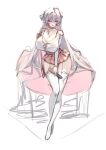  1girl alternate_costume bare_shoulders black_choker blush bow bra_strap breasts choker cleavage collarbone commentary dated_commentary english_commentary eyes_visible_through_hair folded_fan folding_fan garter_straps geonjeonji grey_hair hair_bow half-closed_eyes hand_fan hand_on_own_thigh highres holding holding_fan huge_breasts long_hair long_sleeves looking_at_viewer microskirt mole mole_under_mouth no_shoes off_shoulder parted_lips pink_skirt pleated_skirt pointy_ears purple_eyes shirt simple_background single_sidelock sitting sketch skirt sleeves_past_wrists smile solo thighhighs velina_airgid very_long_hair white_background white_bow white_shirt white_thighhighs zenless_zone_zero 