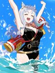 1girl animal_ears armpits arms_up black_one-piece_swimsuit blunt_bangs blush breasts casual_one-piece_swimsuit cleavage closed_eyes eyewear_on_head gold_ship_(run!_ruin!_launcher!)_(umamusume) gold_ship_(umamusume) grey_hair highres horse_ears horse_girl horse_tail jewelry koppe_koppe large_breasts long_hair official_alternate_costume one-piece_swimsuit open_mouth outdoors purple-tinted_eyewear smile solo sunglasses swimsuit tail tinted_eyewear umamusume wading water water_gun yellow-framed_eyewear 