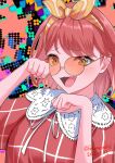  1girl bang_dream! bang_dream!_yumemita bell_(bang_dream!) commentary_request detached_collar fang fukumaru1021 hair_ribbon hand_up highres long_hair looking_at_viewer low_ponytail open_mouth orange-tinted_eyewear orange_hair orange_ribbon paw_pose ponytail raised_inner_eyebrows red_shirt ribbon shirt solo sunglasses tinted_eyewear yellow_eyes 