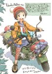  1girl bag beanie black_eyes black_hair blue_sailor_collar blue_skirt boots brown_boots commentary_request drawstring grass hand_in_pocket hat honda honda_motra hood hood_down hooded_jacket jacket jk_b_~joshi_kousei_x_bike_illustrated~ leaf leggings looking_at_viewer motor_vehicle motorcycle neckerchief on_motorcycle open_clothes open_jacket open_mouth orange_jacket outdoors pleated_skirt pom_pom_hat_ornament red_hat red_leggings red_neckerchief sailor_collar sample_watermark school_uniform sekihan serafuku shirt short_hair signature skirt smile solo striped_leggings teeth thermos translation_request upper_teeth_only vehicle_name watermark white_shirt 