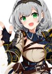  1girl :d absurdres amami_akari armor belt belt_buckle belt_pouch black_gloves blue_collar blush braid breasts brown_belt buckle chest_belt chest_guard chest_strap cleavage clothing_cutout collar collared_dress commentary_request dress fingerless_gloves gloves gold_trim green_eyes grey_hair hand_up highres hololive large_breasts lens_flare looking_at_viewer medium_hair mole mole_on_breast open_mouth pauldrons pouch shirogane_noel shirogane_noel_(1st_costume) short_dress shoulder_armor side_braid simple_background smile solo tiara upper_body virtual_youtuber wavy_hair white_background wrist_guards 