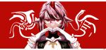  1girl absurdres arknights black_dress cnnonnbiri96_(tori) commentary_request dress fumizuki_(arknights) furry furry_female hands_up heart heart_hands highres holding_another's_wrist horns jewelry letterboxed looking_at_viewer multicolored_hair necklace pink_fur pink_hair portrait red_background red_eyes simple_background single_horn solo_focus straight-on streaked_hair two-tone_fur white_fur white_streaks 