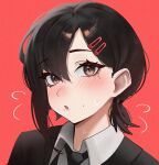  1girl asymmetrical_hair black_jacket black_necktie blush bow brown_eyes chainsaw_man collared_shirt commentary english_commentary hair_between_eyes hair_ornament hairclip higashiyama_kobeni highres jacket koarujpg looking_at_viewer medium_hair mole mole_under_eye mole_under_mouth multiple_moles necktie open_mouth ponytail portrait red_background red_bow shirt short_ponytail simple_background single_sidelock solo sweatdrop 