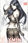  1girl black_hair black_sports_bra breasts claw_(weapon) claws closed_mouth commentary cover_sketch elbow_gloves english_commentary gloves highres leather leather_pants long_hair looking_at_viewer looking_back marker_(medium) marvel pants scan signature solo sports_bra stanley_lau traditional_media weapon x-23 x-men 