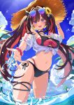  1girl alternate_costume alternate_hairstyle azki_(hololive) beach bikini black_bikini black_choker black_hair blue-tinted_eyewear blue_sky blush bracelet breasts brown_hat choker cleavage cloud cloudy_sky colored_inner_hair commentary day eyewear_on_head feet_out_of_frame floating_hair flower gradient-tinted_eyewear hair_flower hair_intakes hair_ornament hand_on_headwear hat highres hololive jewelry large_breasts lens_flare long_hair looking_at_viewer mole mole_under_eye multi-strapped_bikini_bottom multicolored_bikini multicolored_hair navel ocean off-shoulder_shirt off_shoulder open_mouth outdoors pink_bikini pink_hair pink_streaks purple-tinted_eyewear purple_eyes reaching reaching_towards_viewer shara_(syara_so_ju) shirt sky smile solo splashing standing stomach straw_hat streaked_hair sunflower sunglasses swimsuit teeth thigh_strap tied_shirt tinted_eyewear twintails two-tone_bikini upper_teeth_only virtual_youtuber wading water_drop white_hair white_shirt white_streaks 